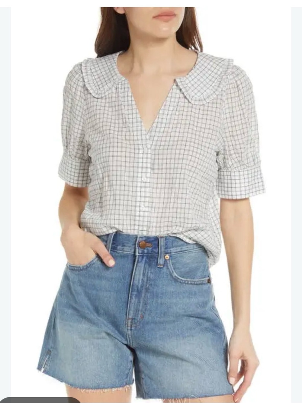 Madewell Peter Pan Collar Shirt in Windowpane white Blue Size 6 cottagecore